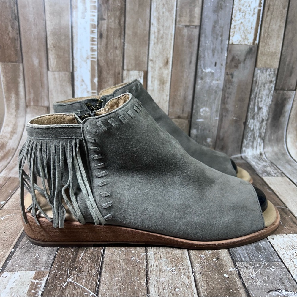 Gee WaWa Anthro Suede Women Sz 9 Gray Open Toe Heel Fringe Zip Up Slip On Shoes